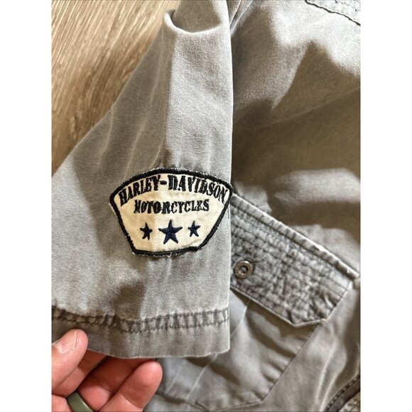 Mens Harley Davidson Gray Embroidered Patched Military Top Gun Button Shirt L - Picture 9 of 12